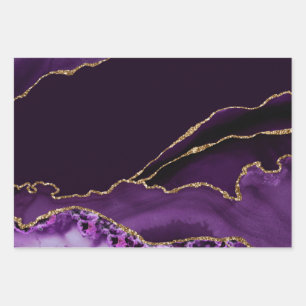 Purple and Faux Gold Glitter Marble Agate Wrapping Paper Sheet