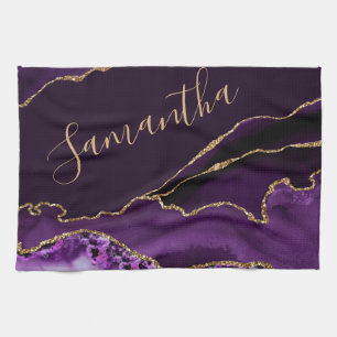 Purple and Faux Gold Glitter Marble Agatel Kitchen Towel