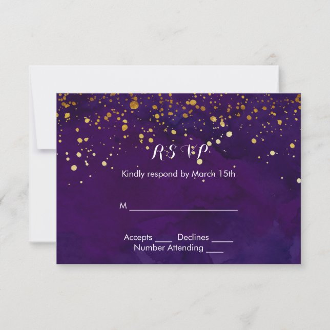 Purple and Faux Gold Glitter RSVP Card (Front)
