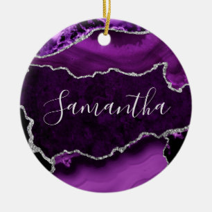 Purple and Faux Silver Glitter Marble Agate Ceramic Ornament