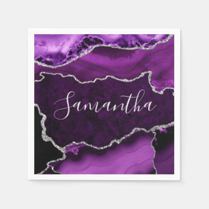 Purple and Faux Silver Glitter Marble Agate Napkin