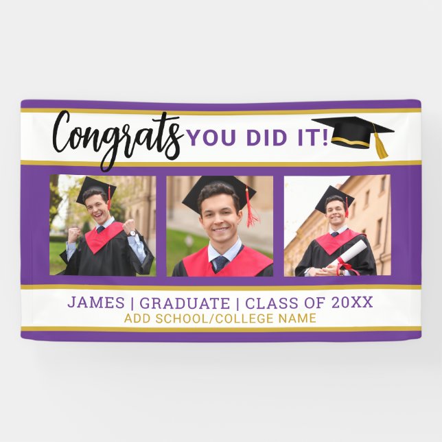 Purple And Gold 3 Photo Collage Congrats Grad 2025 Banner (Horizontal)