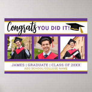 Purple And Gold 3 Photo Collage Congrats Grad 2025 Poster