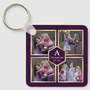 Purple and Gold 4 Pictures Family Photo Collage Keychain