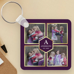 Purple and Gold 4 Pictures Family Photo Collage Keychain