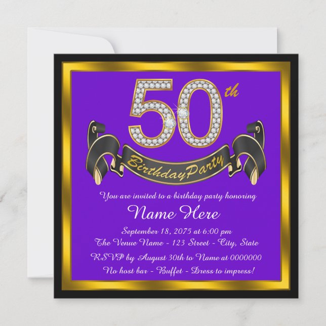 Purple and Gold 50th Birthday Party Invitation (Front)