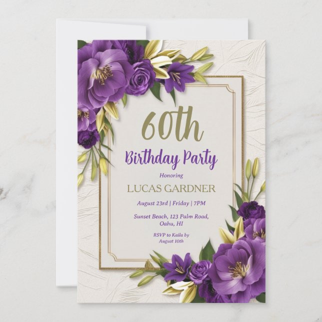 purple and gold 60th birthday invitations (Front)