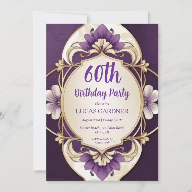 purple and gold 60th birthday invitations (Front)
