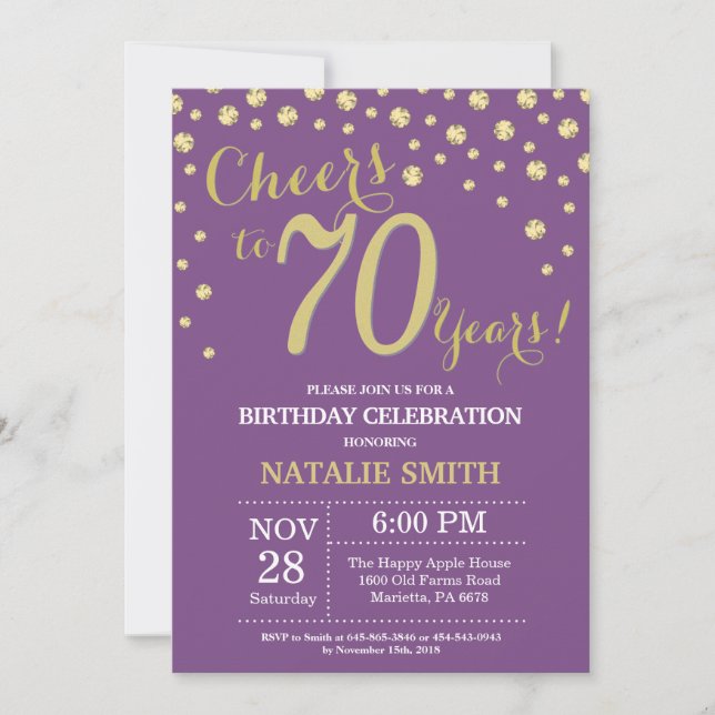 Purple and Gold 70th Birthday Diamond Invitation (Front)