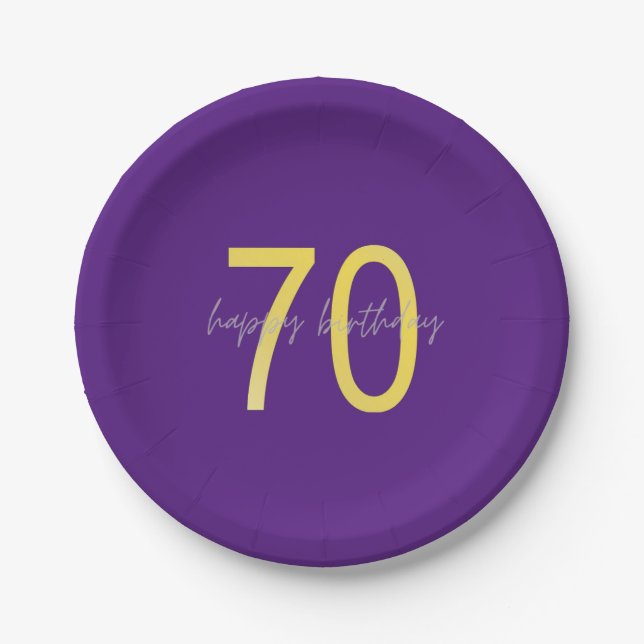 Purple and Gold 70th Birthday Paper Plate (Front)