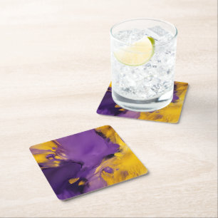 Purple and Gold Abstract Square Paper Coaster