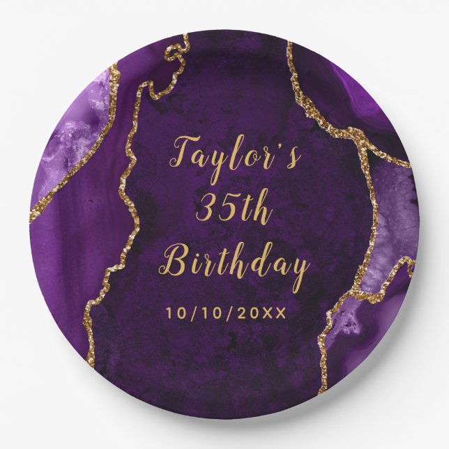 Purple and Gold Agate Marble Birthday Paper Plate (Front)