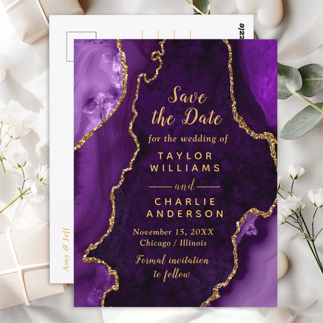 Purple and Gold Agate Marble Save The Date Postcard (Creator Uploaded)