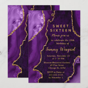Purple and Gold Agate Marble Sweet Sixteen Invitation