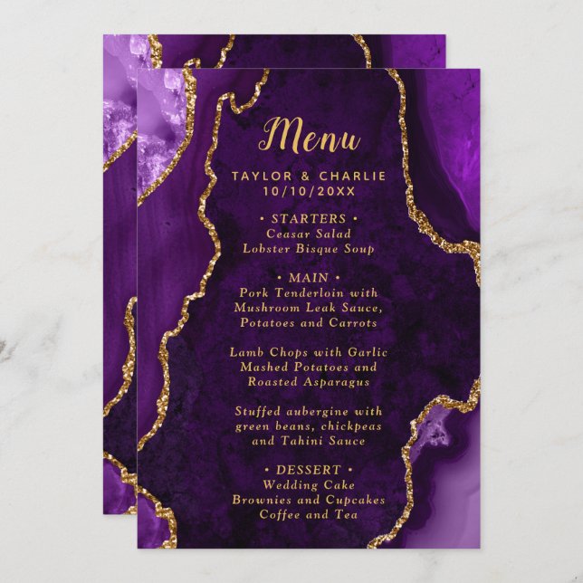 Purple and Gold Agate Marble Wedding Menu (Front/Back)