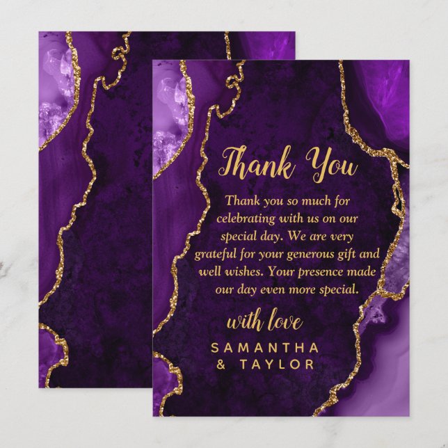 Purple and Gold Agate Marble Wedding Thank You Card (Front/Back)