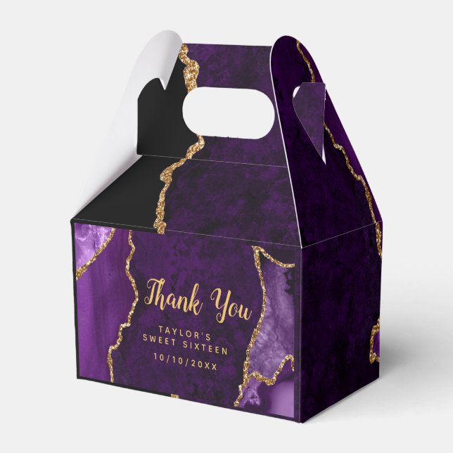 Purple and Gold Agate Sweet Sixteen Thank You Favor Box (Front Side)