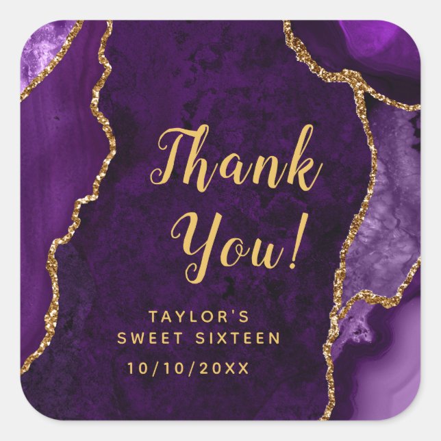 Purple and Gold Agate Sweet Sixteen Thank You Square Sticker (Front)