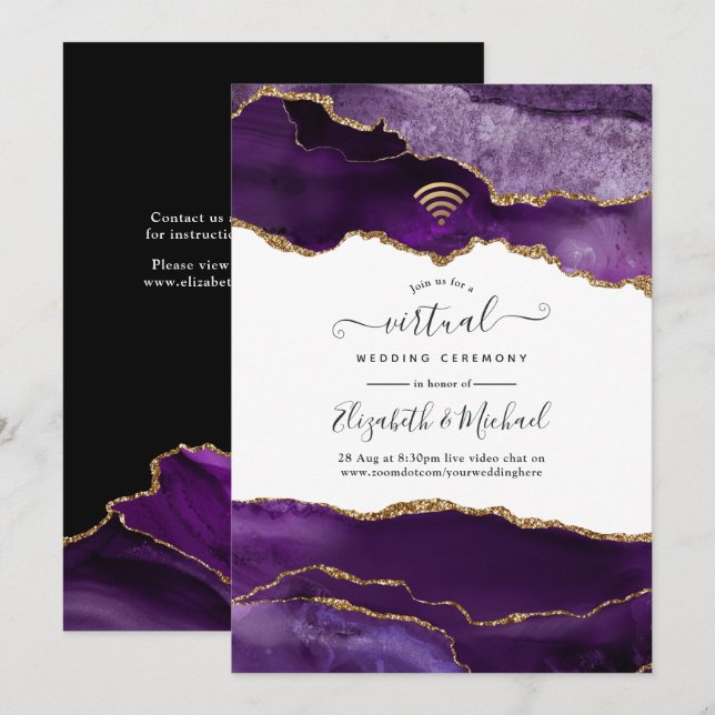 Purple and Gold Agate Virtual Wedding Invitation (Front/Back)