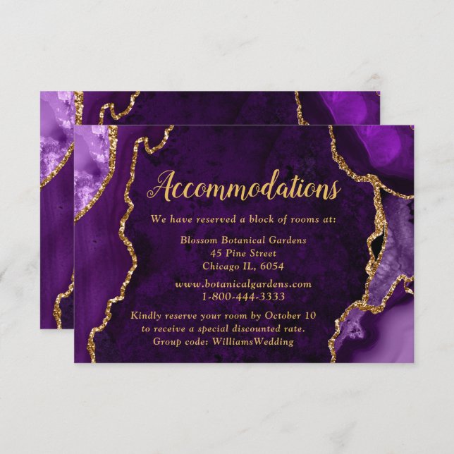 Purple and Gold Agate Wedding Accommodations Enclosure Card (Front/Back)