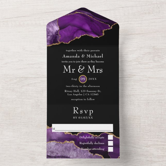 Purple and Gold Agate Wedding All In One Invitatio All In One Invitation (Inside)