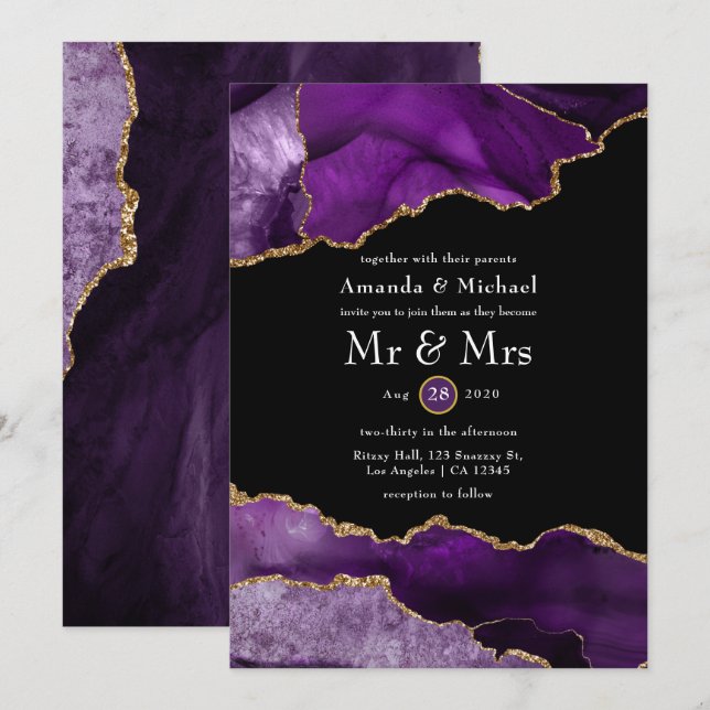 Purple and Gold Agate Wedding Invitation (Front/Back)