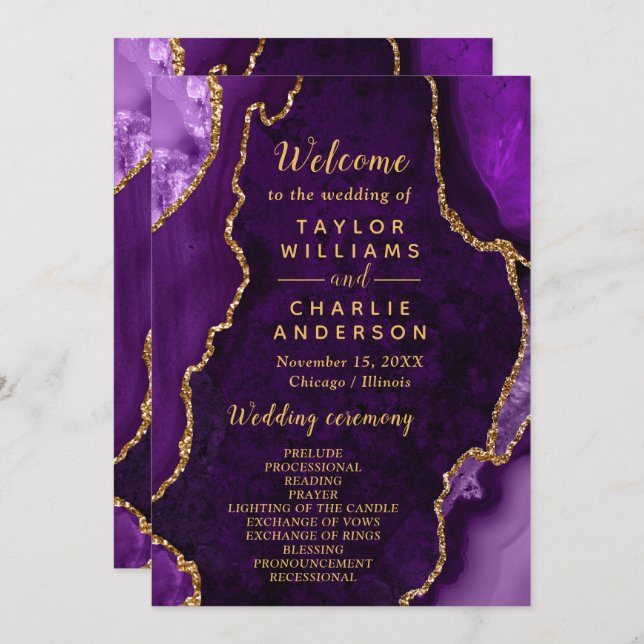 Purple and Gold Agate Wedding Program (Front/Back)