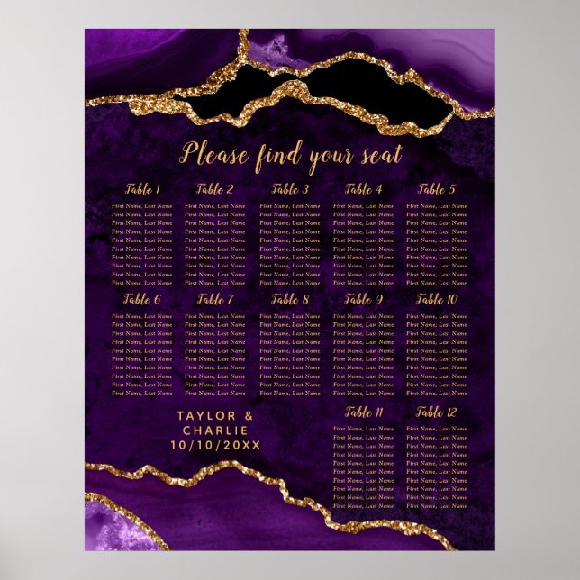 Purple and Gold Agate Wedding Seating Chart (Front)