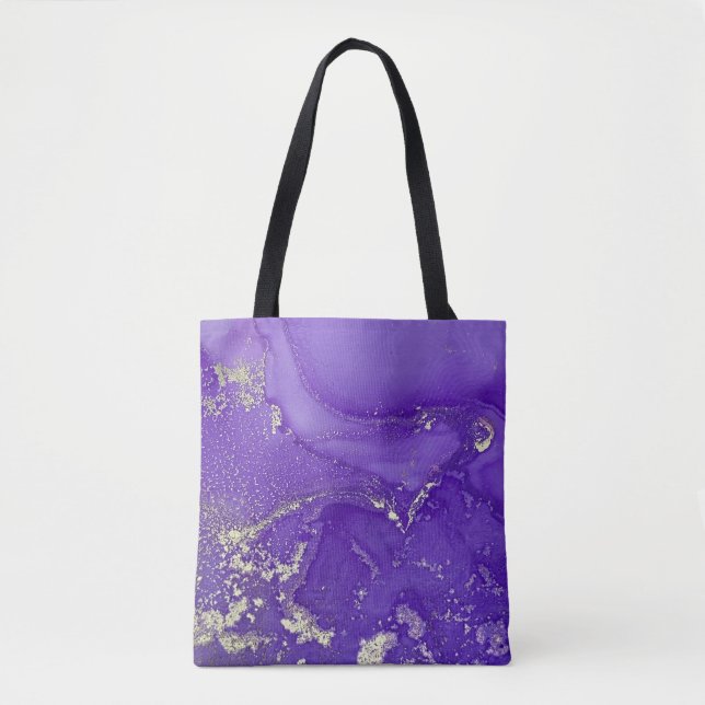 Purple and Gold Alcohol Ink Abstract Liquid Art Tote Bag (Front)