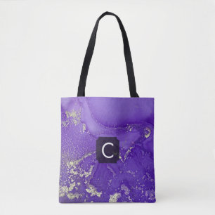 Purple and Gold Alcohol Ink Liquid Art Monogram Tote Bag