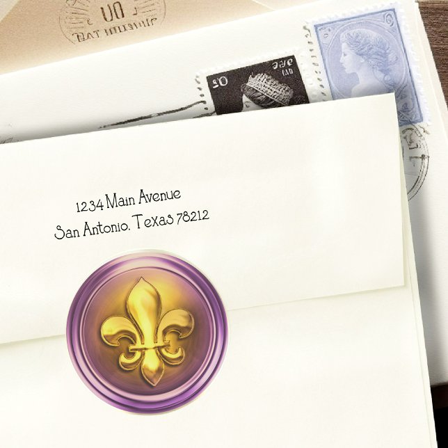 Purple and Gold and  Fleur de Lis Embossed Look Classic Round Sticker (Creator Uploaded)