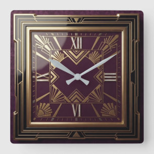 Purple and Gold Art Deco Luxury Minimalis Square Wall Clock
