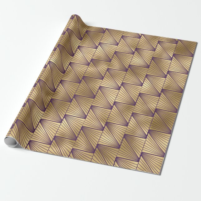 Purple and Gold Art Deco Pattern Wrapping Paper (Unrolled)