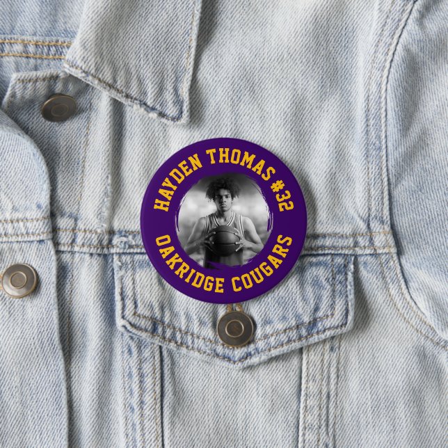 Purple and Gold Athlete Name Jersey Number Photo 3 Inch Round Button (In Situ)