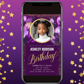 Purple and Gold Balloons Kids Birthday Invitation