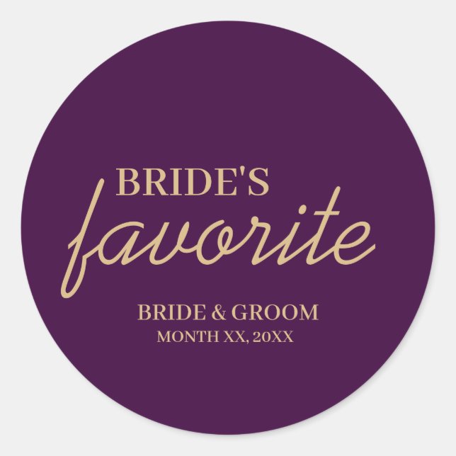 Purple and Gold Bride's Favourite Snack Wedding Classic Round Sticker (Front)