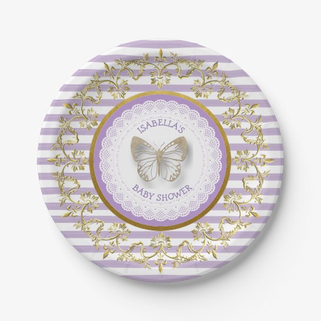 Purple and Gold Butterfly Baby Shower Plates (Front)