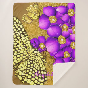 Purple and Gold Butterfly Personalized Name Sherpa Blanket