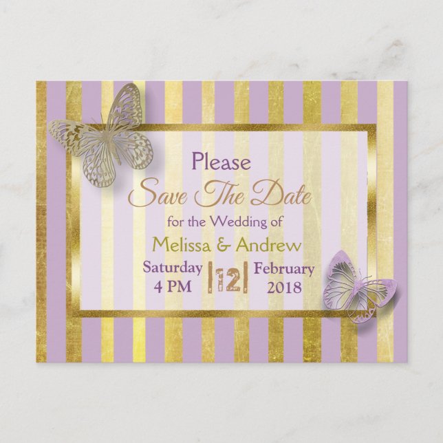 Purple and Gold Butterfly Save the Date Postcards (Front)