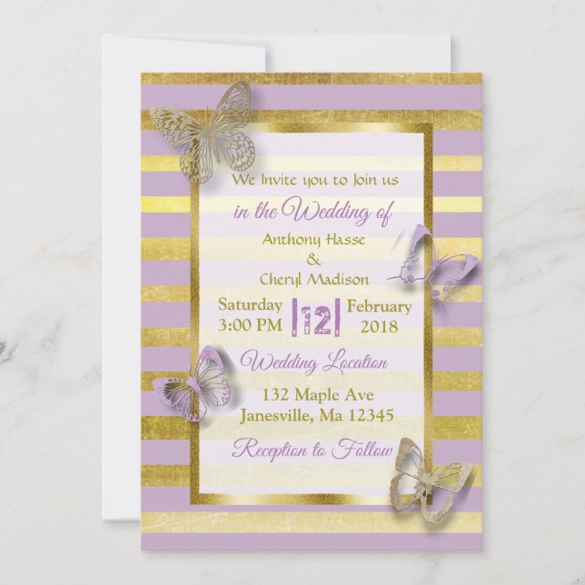 Purple and Gold Butterfly Wedding Invitations (Front)