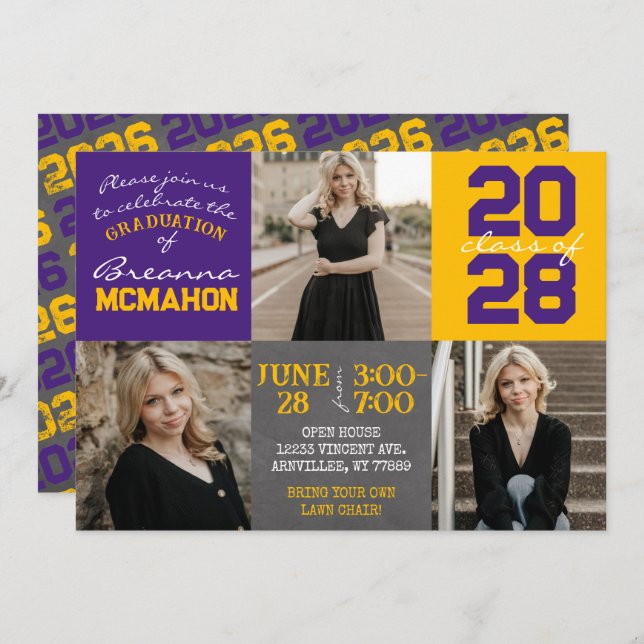 Purple and Gold Chalkboard 3 Photo Graduation Invitation (Front/Back)