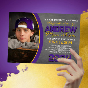 Purple and Gold Chalkboard Graduation Announcement