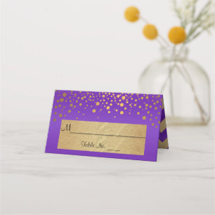 Purple and Gold Chevron and Confetti Dots Place Card
