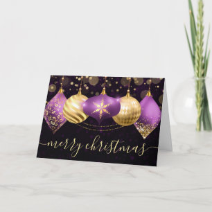 Purple and Gold Christmas Baubles Ornaments Holiday Card