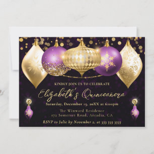 Purple and Gold Christmas Baubles Quinceanera Invitation