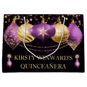 Purple and Gold Christmas Baubles Quinceanera Large Gift Bag