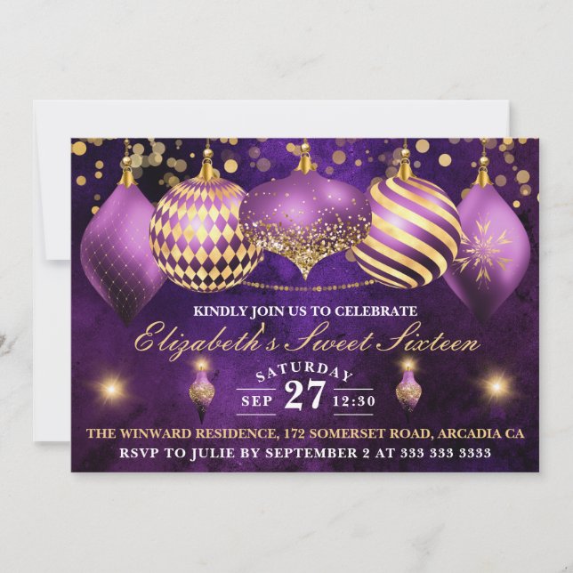Purple and Gold Christmas Baubles Sweet 16 Invitation (Front)