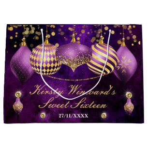 Purple and Gold Christmas Baubles Sweet 16 Large Gift Bag
