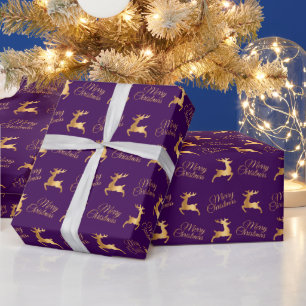 Purple and Gold Christmas Reindeers Wrapping Paper
