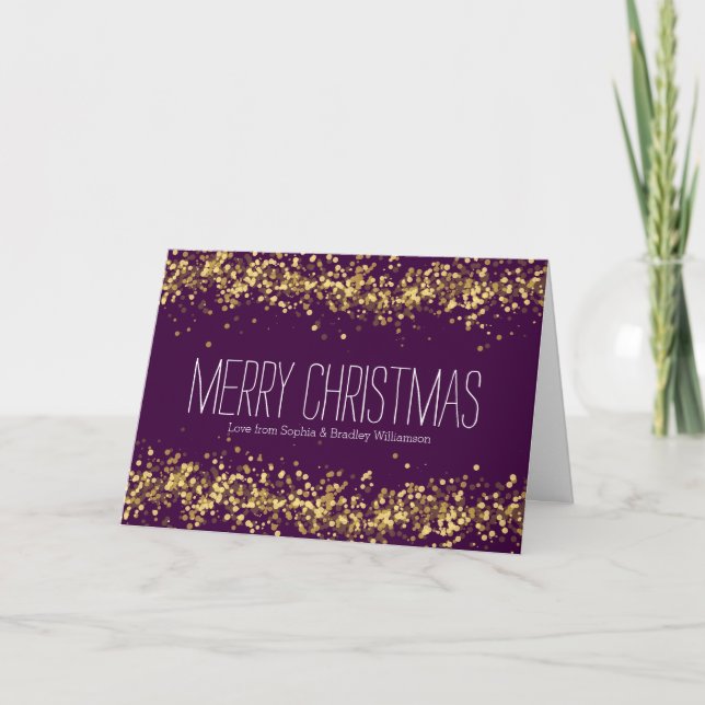Purple and Gold Confetti Bokeh Personalized Holiday Card (Front)
